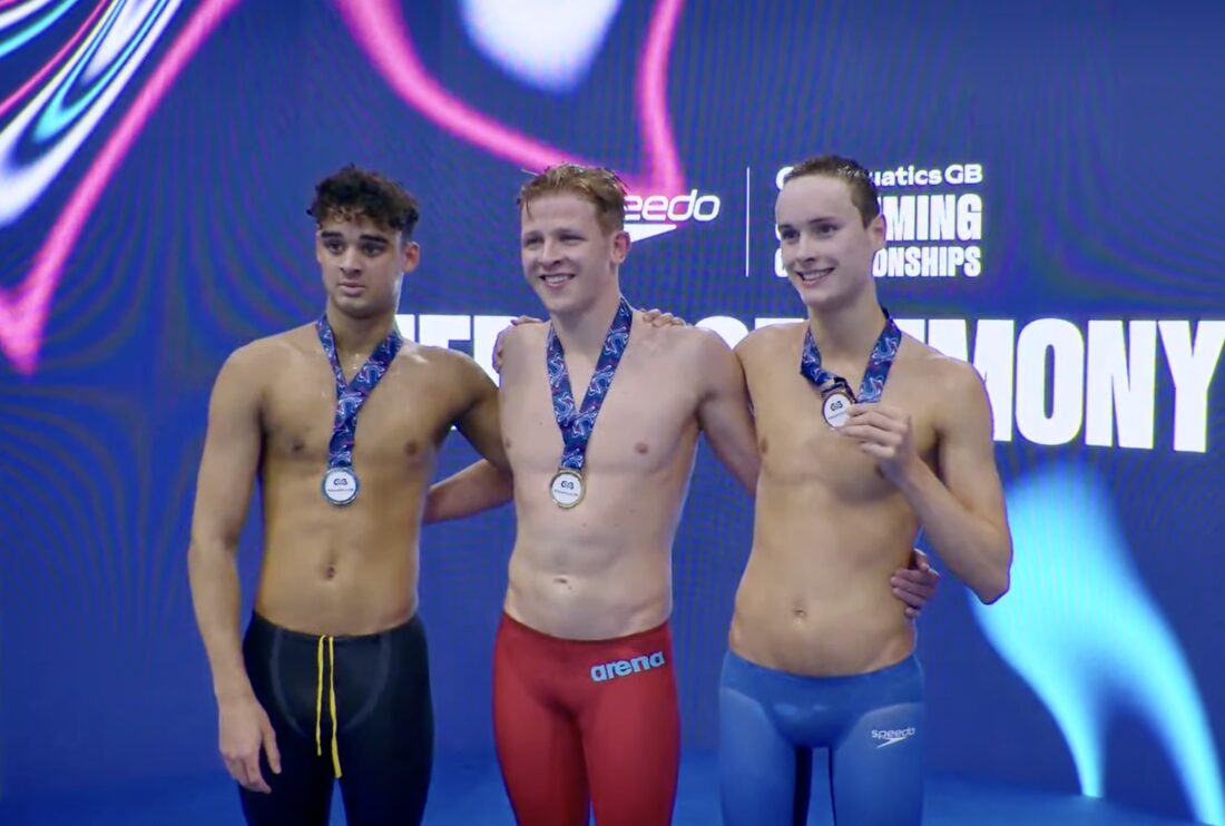 The 800 podium - l-r: Tyler Melbourne-Smith, champion Tobias Robinson and Reece Grady