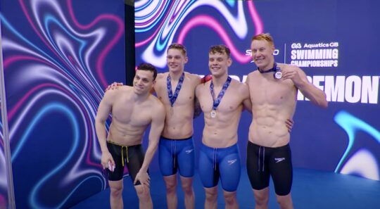 Relay Giants - the awesome-foursome Olympic champions will defend the 4x200 crown in Paris, l-r: James Guy, Duncan Scott, Matt Richards and Tom Dean