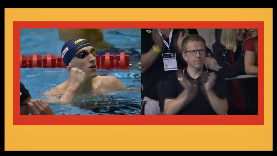 Lukas Märtens and coach Bernd Berkhahn celebrate a 1:44.14 reason to be cheerful in Berlin